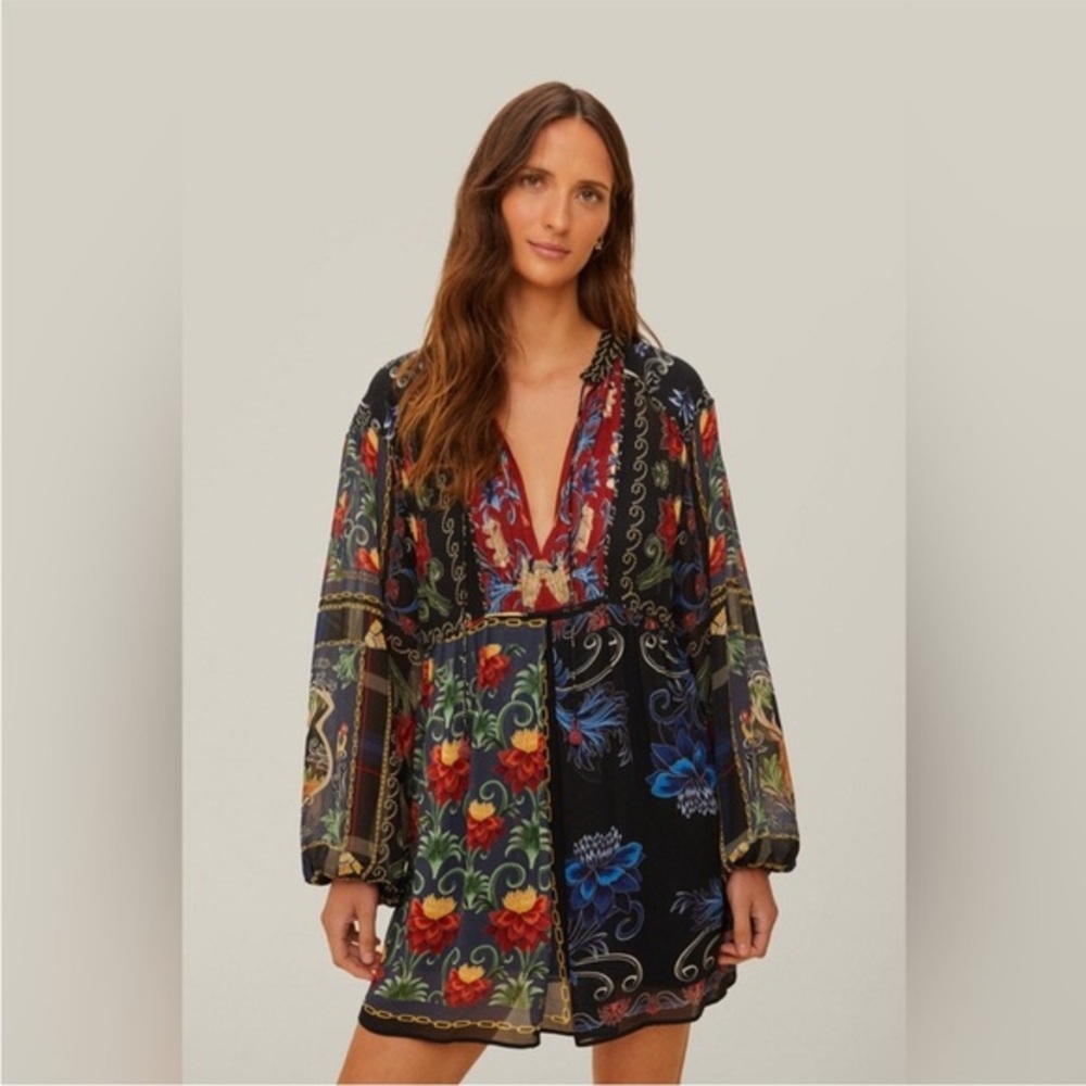 FARM RIO Black Mixed Arabesque Scarves Long Sleeve Dress